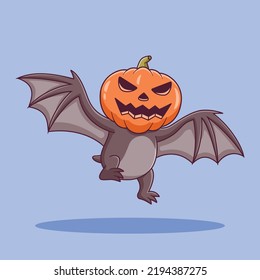 Cute Flying Bat Cartoon Wearing Pumpkin Mask. Bat Mascot Cartoon Character. Halloween Icon Concept. Flat Cartoon Style Suitable for Web Landing Page, Banner, Flyer, Sticker, Card