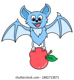 a cute flying bat clutching an apple, doodle icon image. cartoon caharacter cute doodle draw