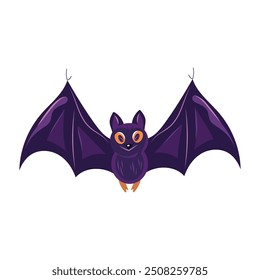 Cute flying bat. Happy Halloween cartoon character of cute friendly black bat. Flat design element for Halloween festive. Vector illustration isolated on white background