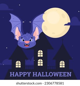 Cute flying bat on the background of the castle and the full moon in the night. Vector illustration of Halloween cartoon symbols in flat design style. Decoration fo the Happy Halloween celebration.