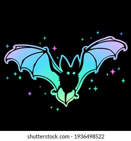 Cute flying bat on holographic iridescent background