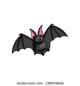 Cute flying bat with shiny eyes and red ears