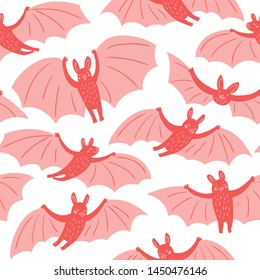 Cute flying bats in different poses.Vector hand-drawn seamless pattern design for fabric, wallpaper or wrapping paper. Kids print.