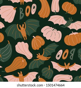 Cute flying bats and pumpkins.Vector hand-drawn seamless pattern. Halloween design for fabric, wallpaper or wrapping paper. Kids print.