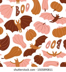 Cute flying bats and pumpkins.Vector hand-drawn seamless pattern. Halloween design for fabric, wallpaper or wrapping paper. Kids print.