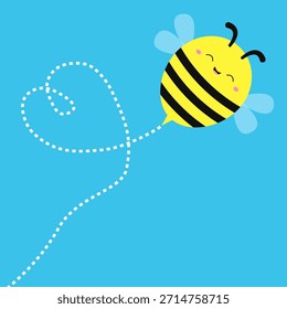 Cute Flying Bee bumblebee honeybee icon. Dash line heart. Cartoon kawaii funny character. Yellow black flying insect. Happy Valentines Day. Childish style. Flat design. Blue background. Vector