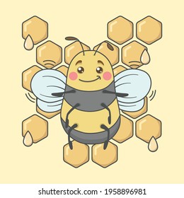 cute flying bee character front view with honey comb background