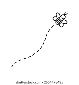 Cute flying bee with a dotted trail line isolated on a white background. Vector hand-drawn illustration in doodle style. Perfect for decorations, logo, various designs.