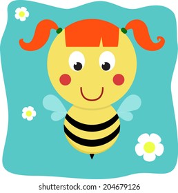 Cute flying bee with flowers isolated on background. vector illustration in cartoon style. Design for kids.