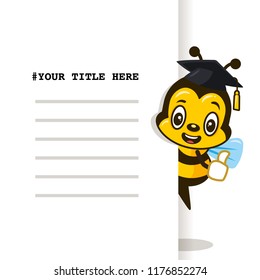 Cute flying bee giving thumb up with graduate hat behind the white board. Education cartoon vector illustration on isolated white background.