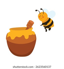 Abelha voadora bonita com pote de mel isolado no fundo branco. Ilustração vetorial. Caractere Bumblebee