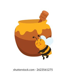 Abelha voadora bonita com pote de mel isolado no fundo branco. Ilustração vetorial. Caractere Bumblebee