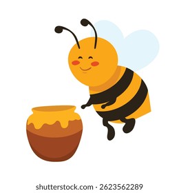 Abelha voadora bonita com pote de mel isolado no fundo branco. Ilustração vetorial. Caractere Bumblebee