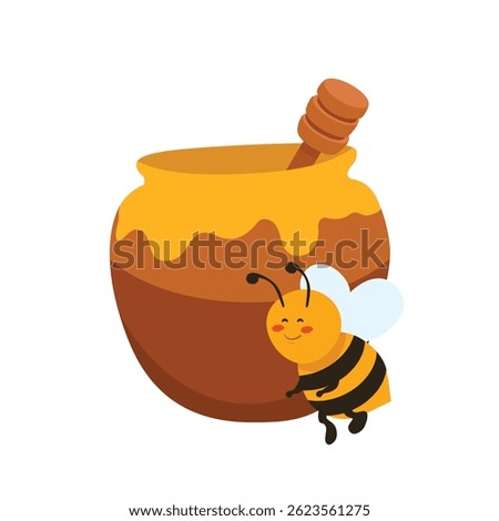 Cute flying bee with honey pot isolated on white background. Vector illustration. Bumblebee character
