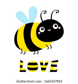 Icono de abeja voladora. Caricatura kawaii personaje de bebé. Colección de insectos. Palabra Amor. Tarjeta de felicitación.Feliz Día de San Valentín. Diseño plano. Fondo blanco. Aislado. Ilustración vectorial.