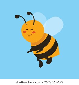 Abelha voadora bonita isolada em fundo azul. Ilustração vetorial. Caractere Bumblebee