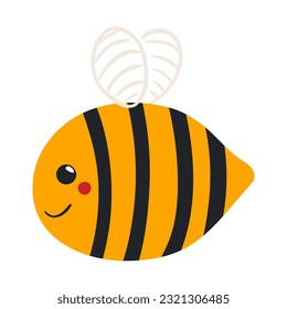 Cute flying bee with kawaii face, transparent wings hand drawn cartoon character illustration. Scandinavian style flat design, isolated vector. Insect, nature, kids print element