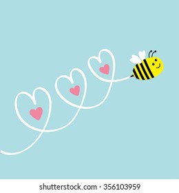 Cute flying bee. Three hearts in the sky. Greeting card. Baby background. Flat design. Vector illustration.