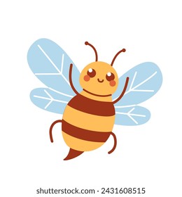 Cute flying bee waving its legs on white background. Funny insect character