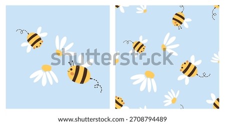 Cute flying bees and daisies seamless pattern on light blue background vector. Bee and daisy icon.