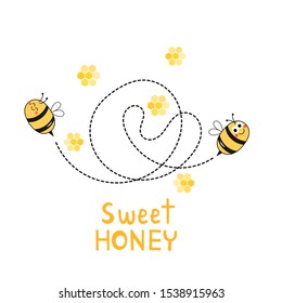 Cute flying bees and hand drawn text "Sweet honey" isolated on white background. funny cartoon character vector illustration. 