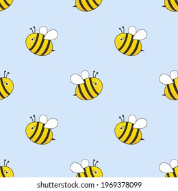 Cute flying bees seamless pattern blue background. Vector child illustration