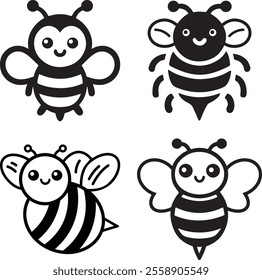 Cute Flying Bees silhouette icon vector art illustration on white background.