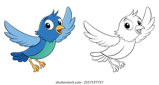 Cute Flying Bird Cartoon Coloring Page For Kids. Animal Coloring Book Printable Vector Illustration
