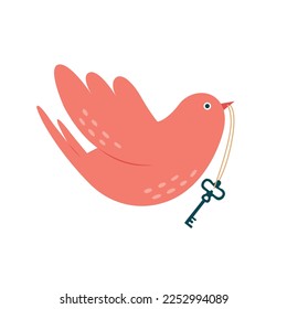 Cute flying bird with key in beak. Clipart in pastel shades with birdie for card, valentine's, sticker, banner, print.
