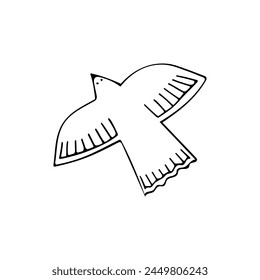 Cute flying bird for spring and summer design. Black line doodle scandi bird. Hand drawn clip art illustration in doodle style for poster, banner, print, greeting card. Isolated on white background.