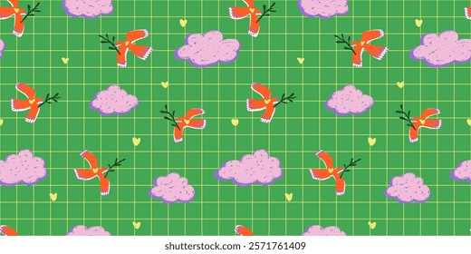 Cute flying birds, clouds and hearts vector seamless pattern tile. Colorful repeat textile print for baby and kids apparel and home goods. Bright spring summer illustration on check background
 
