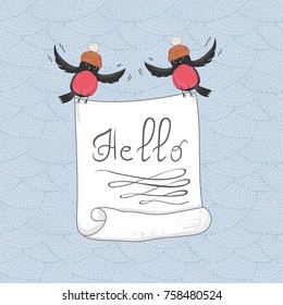 Cute Flying Birds Holding Banner. Hand Drawing. Place For Your Text. Vector Background. 