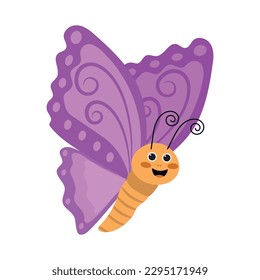 Cute flying butterfly in flat style with lilac wings. Butterfly vector design.