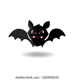 Cute flying cartoon bat with fangs and red eyes isolated on white background. Halloween clip art for greeting card or invitation design.