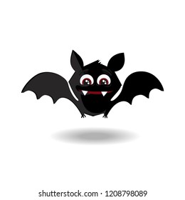 Cute flying cartoon bat with fangs and red eyes isolated on white background. Halloween clip art character of happy flittermouse for kids party holiday greeting card, invitation and posters design.