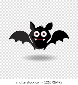 Cute flying cartoon bat with fangs and red eyes isolated on transparent background.Halloween clip art character of happy flittermouse for kids party holiday greeting card, invitation, posters design