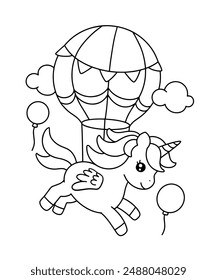 Cute flying cartoon unicorn with hot air ballon coloring page vector illustration