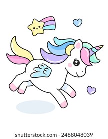 Lindo unicornio volador de dibujos animados sobre fondo blanco Ilustración vectorial