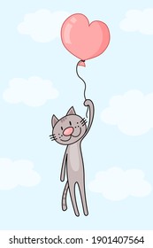 Cute flying cat with a balloon in the sky. Cartoon character. Doodle illustration. Valentine's Day greeting card. Romantic postcard.