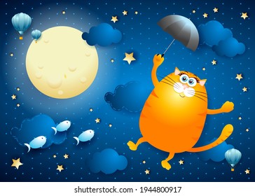 Cute flying cat with umbrella on starry sky, vector illustration eps10