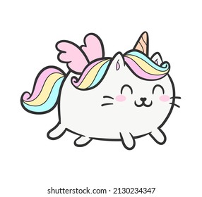 Cute flying cat unicorn kitten caticorn    isolated vector  Funny cartoon cat and unicorn horn  Baby Kitten Unicorn and rainbow tail cream pastel colors kids design prints  posters  t  shirts