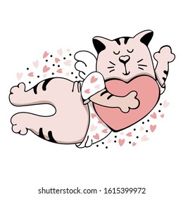 Cute flying cat with wings holding pink heart. Valentine's Day hand drawn card. Romance and dating holiday greeting card, t-shirt, poster design. Cartoon style
