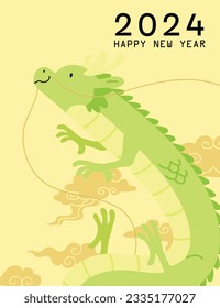 Cute flying chinese dragon for cny 2024 card vector template. Year of the dragon design with dragon flying in asian auspicious clouds background. Happy lunar new year card in Asia.
