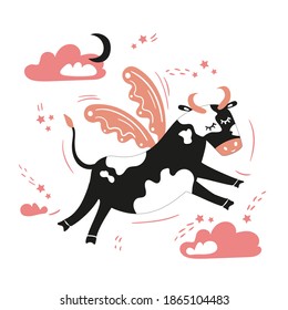 Cute flying cow with wings. Starry sky and clouds. For printing on T-shirts and souvenirs