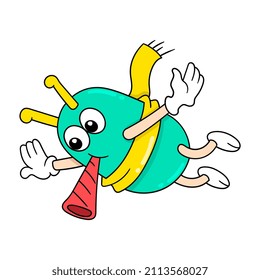 süße fliegende Kreatur, die Trompete bläst, Vektorgrafik. doodle Symbol-Bild kawaii.