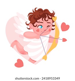 Cute flying cupid with bow and arrow. Valentines day concept. Cartoon character design. 14 February festivity concept. Vector illustration
