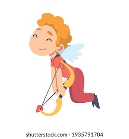 Cute Flying Cupid Boy, Joyful Kid Angel Dressed Red Clothes Shooting with Bow Cartoon Style Vector Illustration