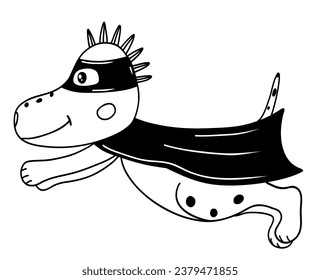 Cute flying dino superhero in hand drawn doodle style