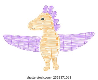 Cute flying dinosaur drawing with chalk texture on transparent background