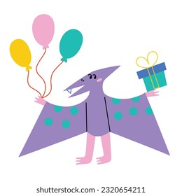 Cute flying dinosaur icon, pterodactyl at birthday party, vector illustration of pterosaur with present and balloons, baby shower invitation, greeting card for children event, isolated colored clipart